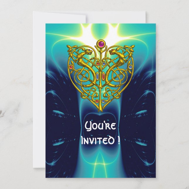 Convite HYPER VALENTINE/ CORAÇÃO CELTA DOURADO azul brilha (Frente)