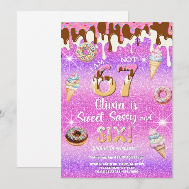 Convite I am 6 not 7 girl 6th birthday invitation. (Frente/Verso)