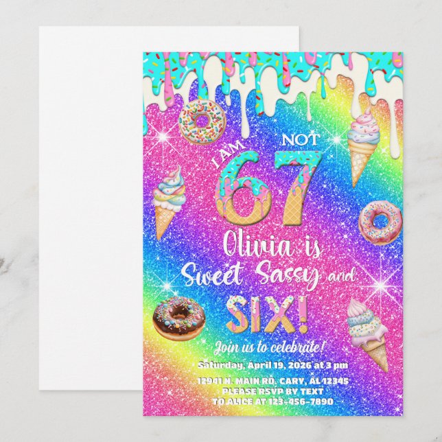 Convite I am 6 not 7 girl 6th birthday invitation. (Frente/Verso)