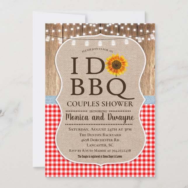 Convite I DO CHURRASCO Barbecue Gingham String Lights Inva (Frente)