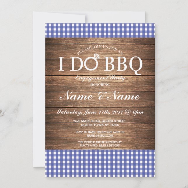 Convite I DO CHURRASCO Festa de noivado Blue Check Invite (Frente)