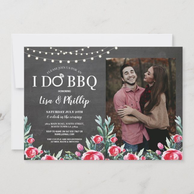 Convite I Do CHURRASCO Festa de noivado Floral Chalk Red P (Frente)