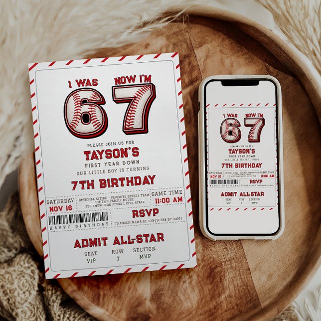 Convite I Was 6, Now I’m 7 – Baseball 7th Birthday (I Was 6, Now I’m 7 – Baseball 7th Birthday Invitation)