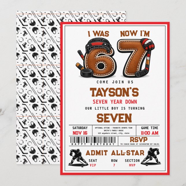 Convite I Was 6, Now I’m 7 – Hockey 7th Birthday Party (Frente/Verso)