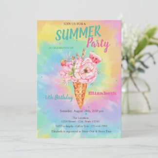 Convite Ice cream Flowers Fruits Summer Tye Dye Birthday 