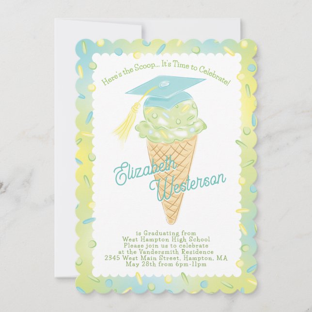Convite Ice Cream Graduation Party Green Blue (Frente)
