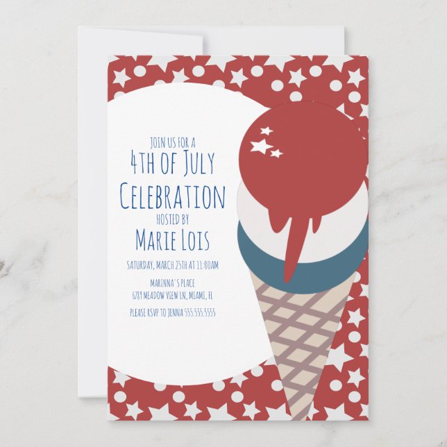 Convite Ice Cream July 4th Stars and Dots Red  (Frente)