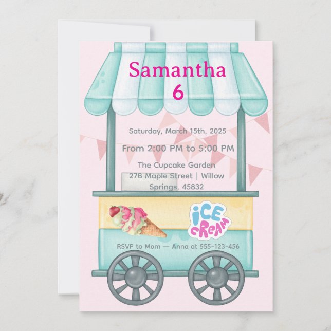 Convite Ice Cream Party Invitation, Samantha 6th Birthday (Frente)