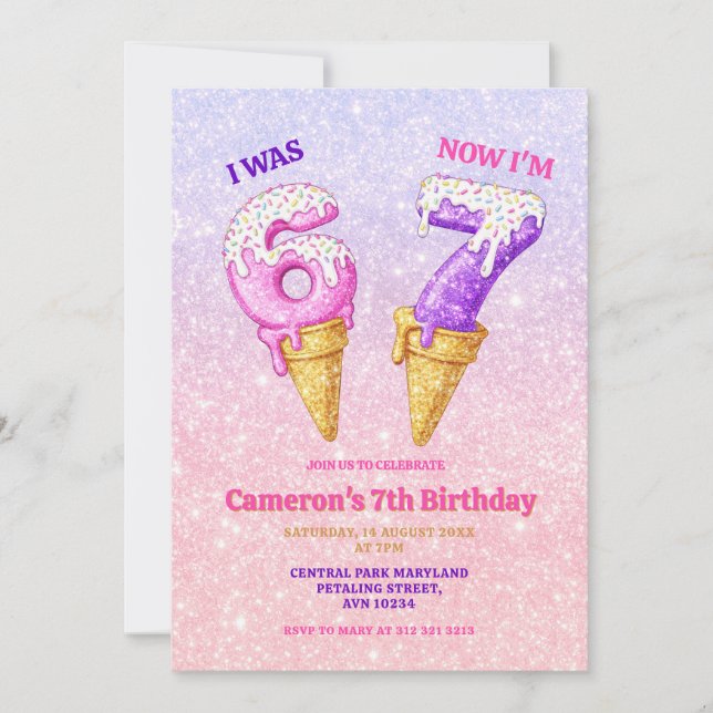 Convite Ice Cream Pastel Glitter 6-7 Kids Birthday Party (Frente)