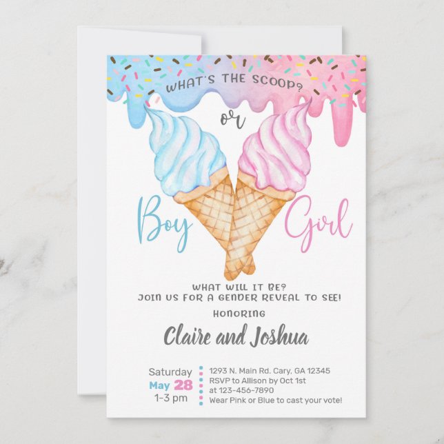 Convite Ice Cream Scoops Gender Reveal invitation. (Frente)
