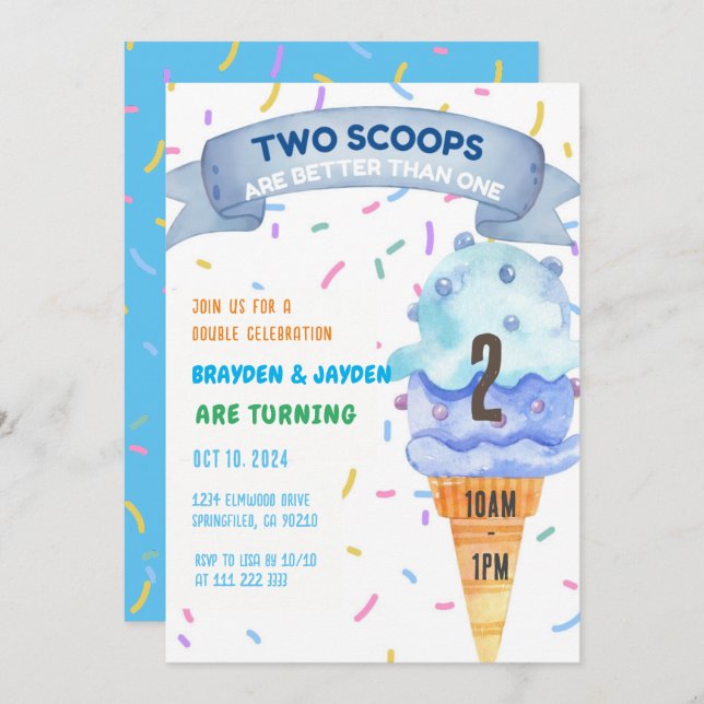 Convite Ice Cream Twins Boys Girls Two Scoops Birthday (Frente/Verso)