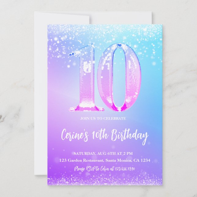 Convite Ice number white glitter Girl 10th Birthday (Frente)