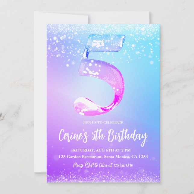 Convite Ice number white glitter Girl 5th Birthday (Frente)
