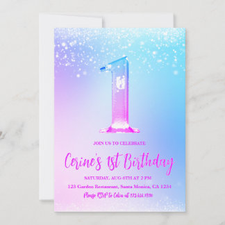 Convite Ice number white glitter Girl First Birthday