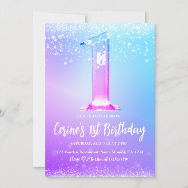 Convite Ice number white glitter Girl First Birthday (Frente)