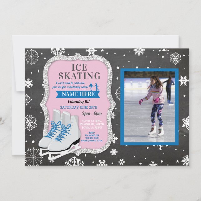 Convite Ice Skating Birthday Blue Photo Skate Snowflakes (Frente)