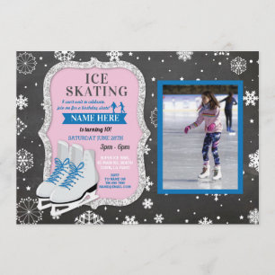 Convite Ice Skating Birthday Blue Photo Skate Snowflakes
