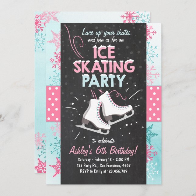 Convite Ice Skating Birthday Invation Skate Winter Pink (Frente/Verso)