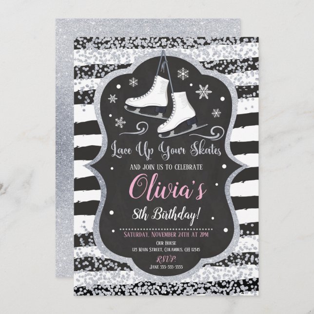 Convite Ice Skating Birthday Invitation Silver Glitter (Frente/Verso)