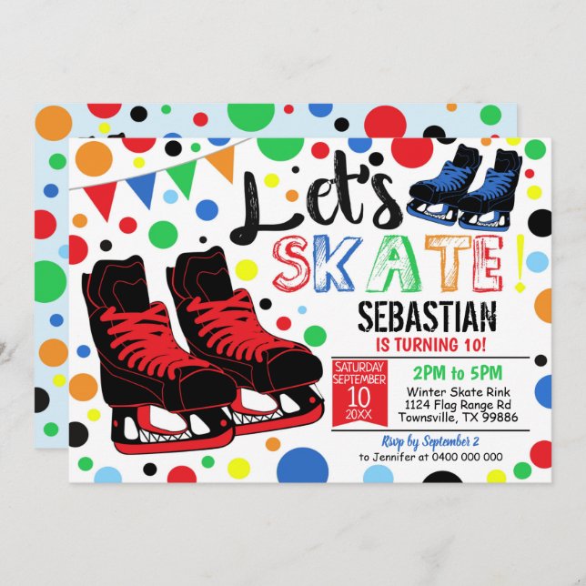 Convite Ice Skating Invitation Party Ice Skating Boy Red (Frente/Verso)