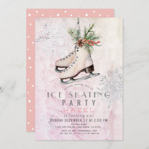 Convite Ice Skating Party Congelado Flocos de Neve Rosa An