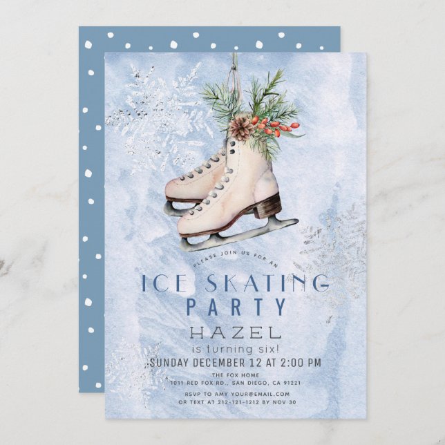 Convite Ice Skating Party Frozen Snowflake Birthday (Frente/Verso)