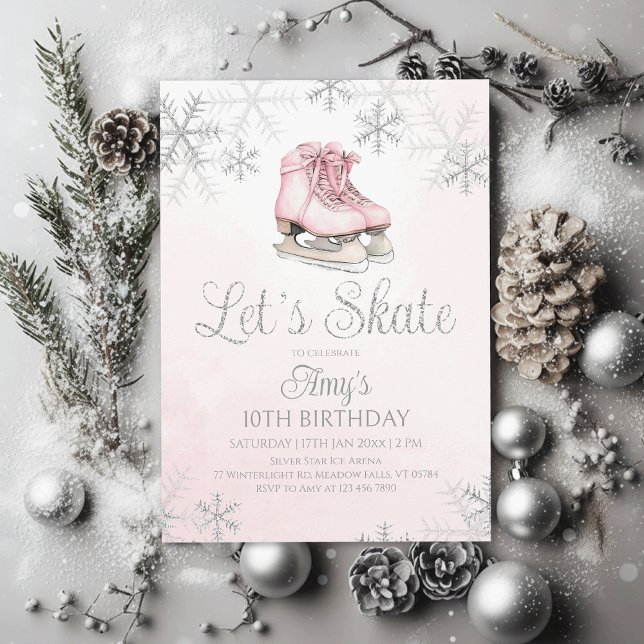 Convite Ice Skating Winter Birthday Party Silver Glitter (Criador carregado)