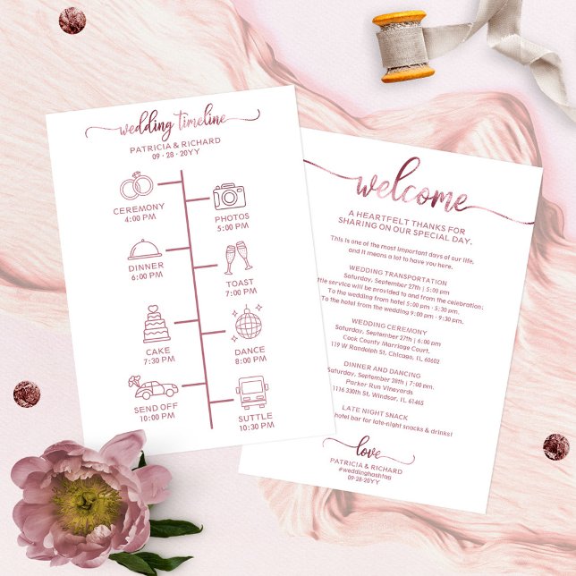 Convite Ícone de Itinerário de Casamento Chic Script Boas- (Criador carregado)