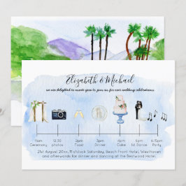 Convite Ícones de Linha do Tempo de Casamento de Praia Tro