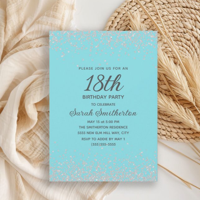 Convite Icy Aqua Azul Prata Diamante Brilho 18º Aniversári (Elegant icy aqua blue and silver glitter women's 18th birthday party invitation)