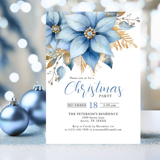 Convite Icy Blue Dourada Poinsettia Flower CHRISTMAS (Icy Blue Gold Poinsettia Flower CHRISTMAS Party Invitation)