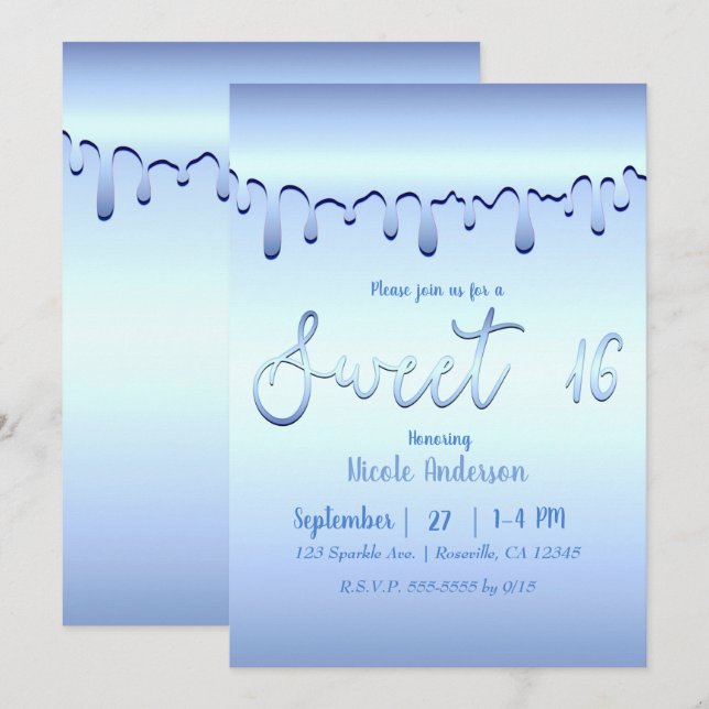 Convite Icy Blue Drip Winter Wonderland Sweet 16 XVI (Frente/Verso)
