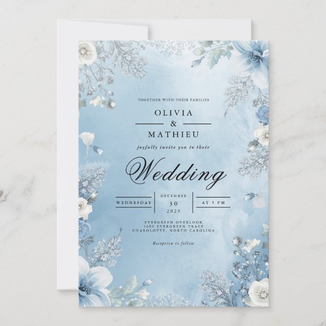 Convite Icy Blue Floral Frame Wedding (Frente)