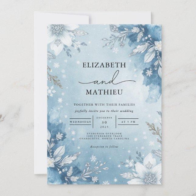 Convite Icy Blue Floral Wreath Wedding (Frente)