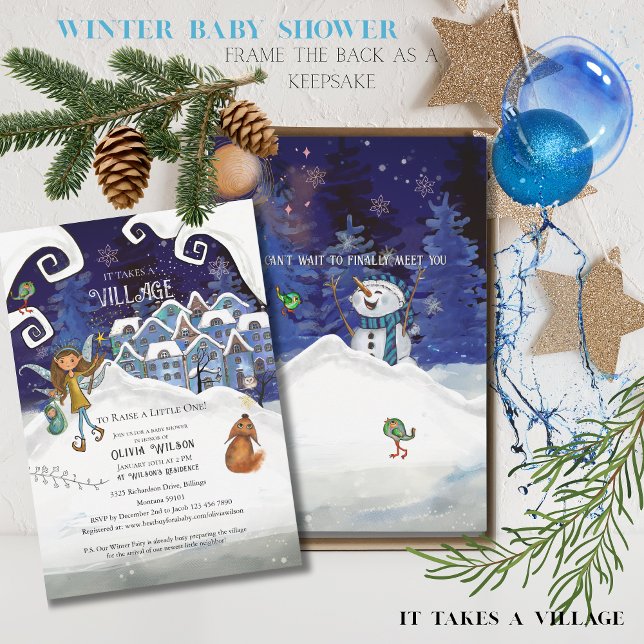 Convite Icy Blue "It Takes a Village" Winter Baby Shower  (Icy Blue "It Takes a Village" Winter Baby Shower Invitation)