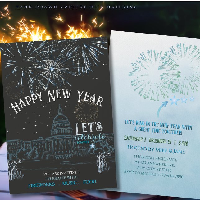 Convite Icy Blue New Year's Party with Fireworks Capital (Icy Blue New Year's Party with Fireworks Capital Invitation)
