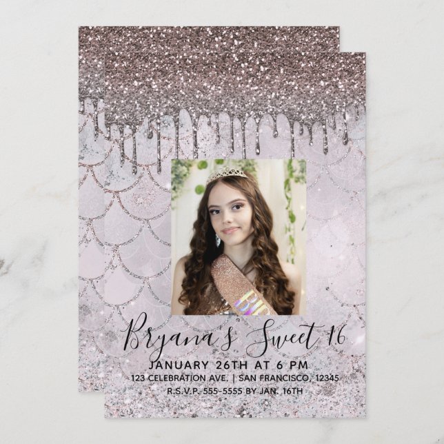 Convite Icy Pink Rose Dourada Glitter Drip Sweet 16 Photo (Frente/Verso)