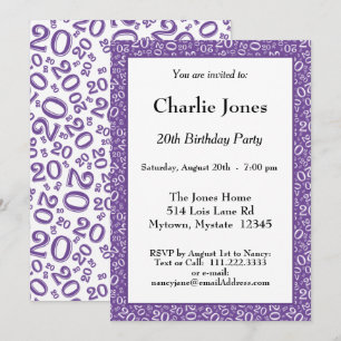 Convite Idade 20 Padrão de Número Aleatório Roxo/Branco 20