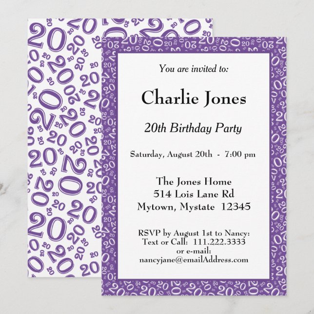 Convite Idade 20 Padrão de Número Aleatório Roxo/Branco 20 (Frente/Verso)