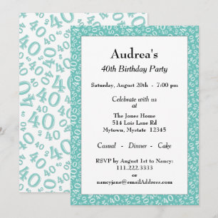Convite Idade 40 Padrão de Número Aleatório Azul Turquesa/