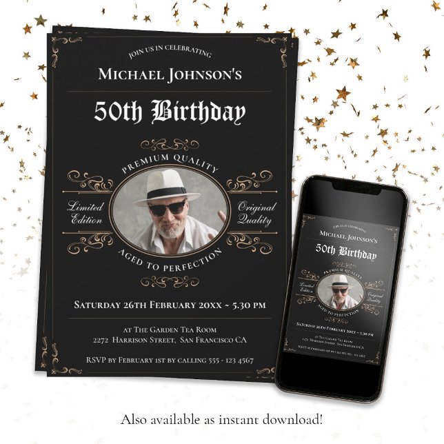 Convite Idade para Perfecção Dourada Black Classy 50º Aniv (50th Birthday Aged to Perfection Black Gold Classy Invitation)