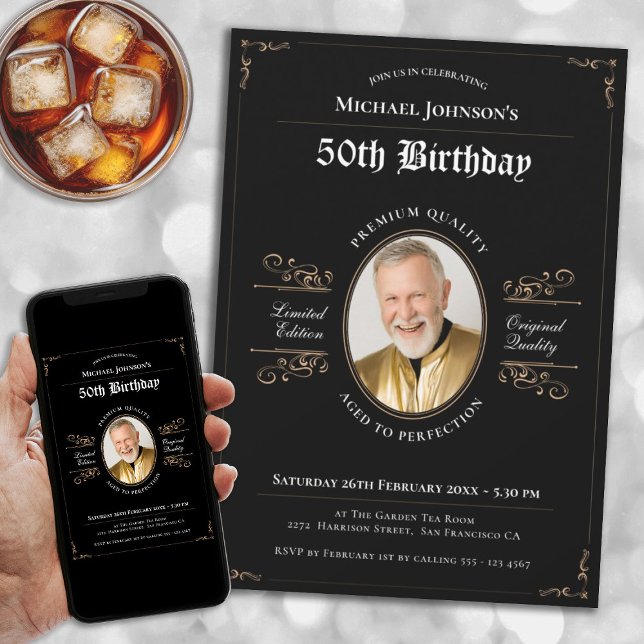 Convite Idade para Perfecção Foto Dourada Preta 50º Aniver (Aged to Perfection Black Gold Photo 50th Birthday Invitation)