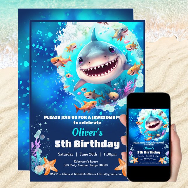 Convite Idade personalizada do Garoto da Festa de aniversá (Shark Birthday Pool Party Boy custom age Invitation)