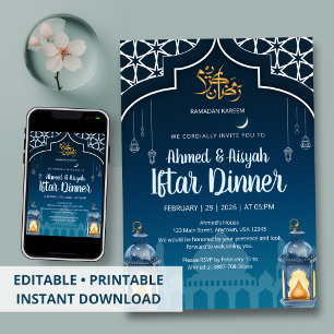 Convite Iftar de Lanterna Azul e Dourado Moderno à Meia-No