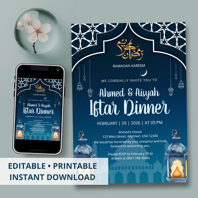 Convite Iftar de Lanterna Azul e Dourado Moderno à Meia-No (Criador carregado)