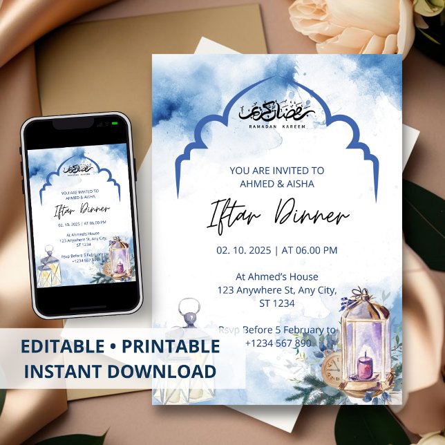 Convite Iftar dinner invitation ramadan blue mosque (Criador carregado)