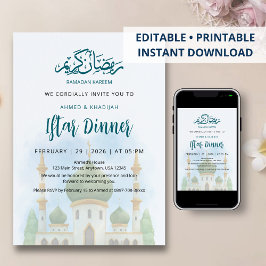 Convite Iftar Mesquita com Cúpula Verde em Aquarel