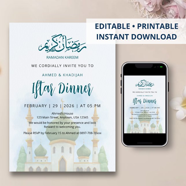 Convite Iftar Mesquita com Cúpula Verde em Aquarel (Criador carregado)