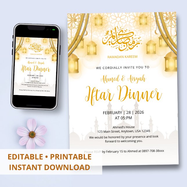 Convite Iftar Party Invitation Elegant Gold Lantern (Criador carregado)