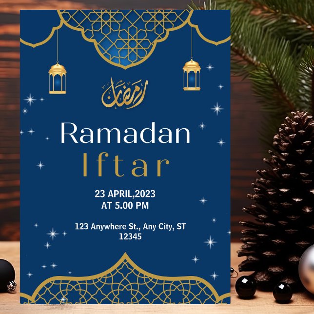 Convite Iftar Ramadã Ilustrativo Dourado e Azul (Criador carregado)